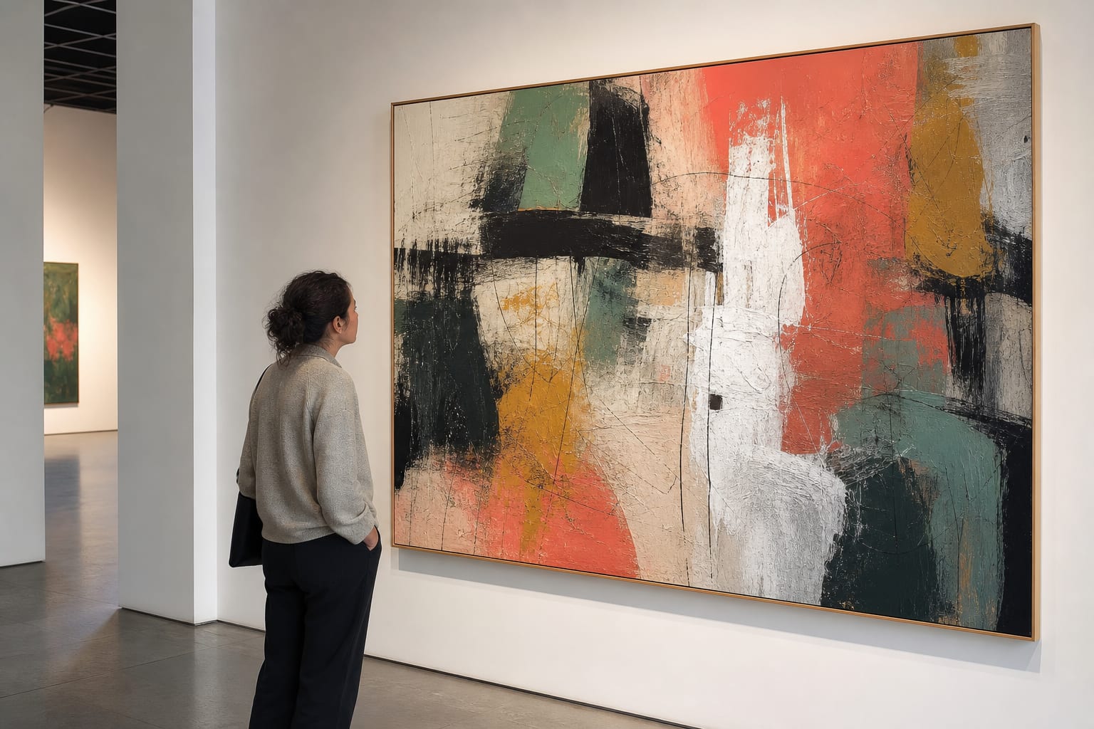 Bezoeker bekijkt aandachtig een groot abstract schilderij met zichtbare verfstructuur
