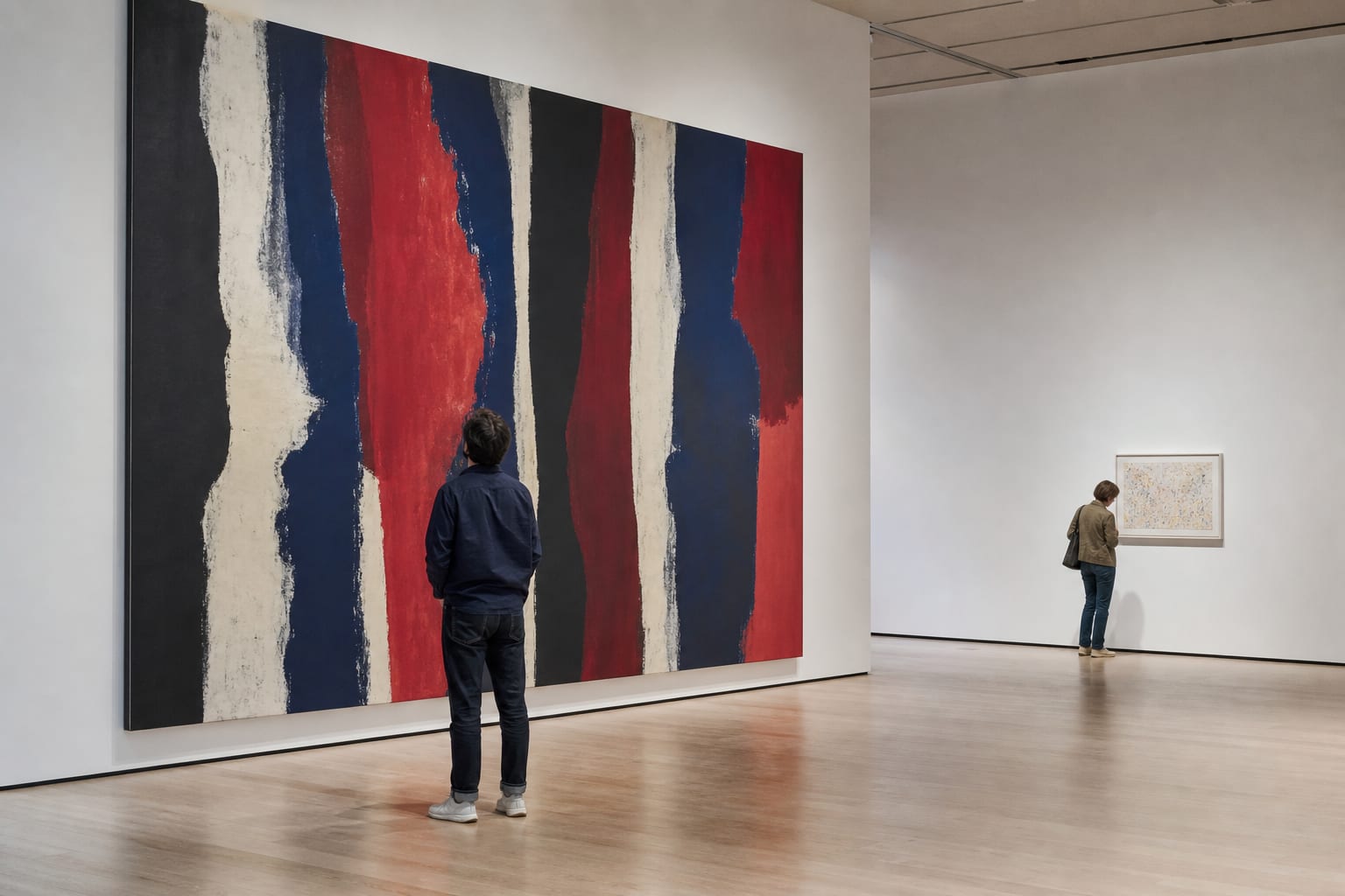 Bezoekers ervaren in een museumzaal het verschil tussen een monumentaal en een klein abstract kunstwerk