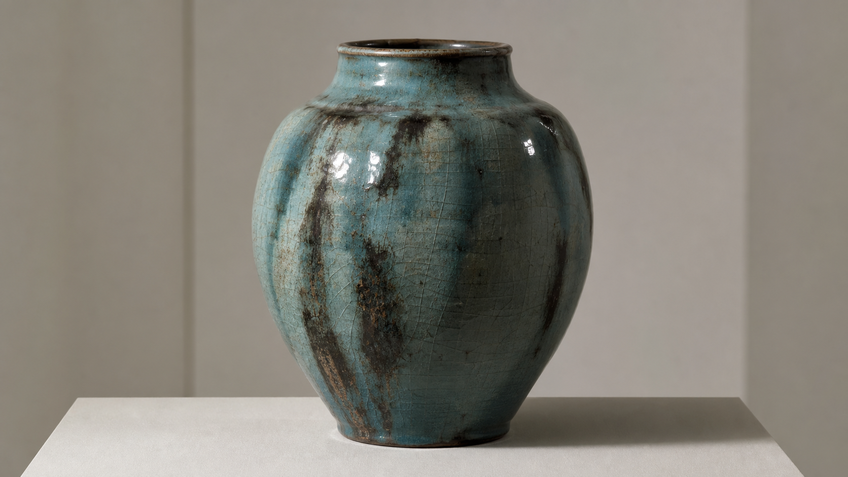 Keramisch vat op een museumplint met glanzend glazuur en zichtbare onregelmatigheden