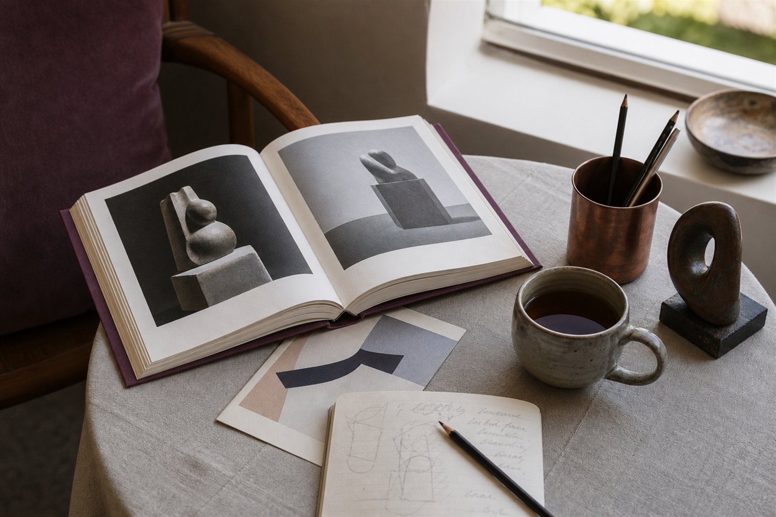 Open kunstboek, notitieboek, thee en een klein beeld op een tafel bij het raam