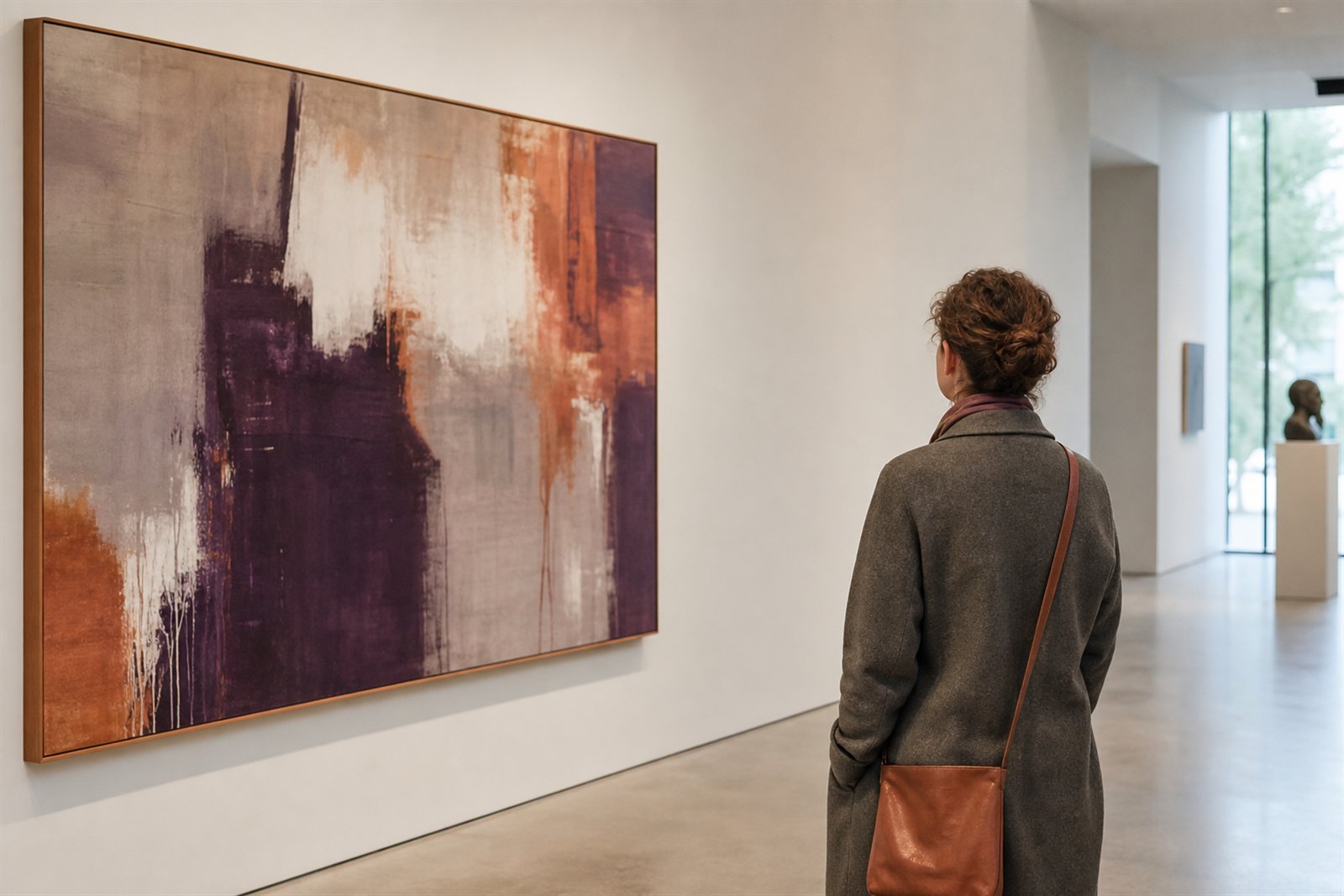 Bezoeker kijkt rustig naar een groot abstract schilderij in een lichte museumzaal